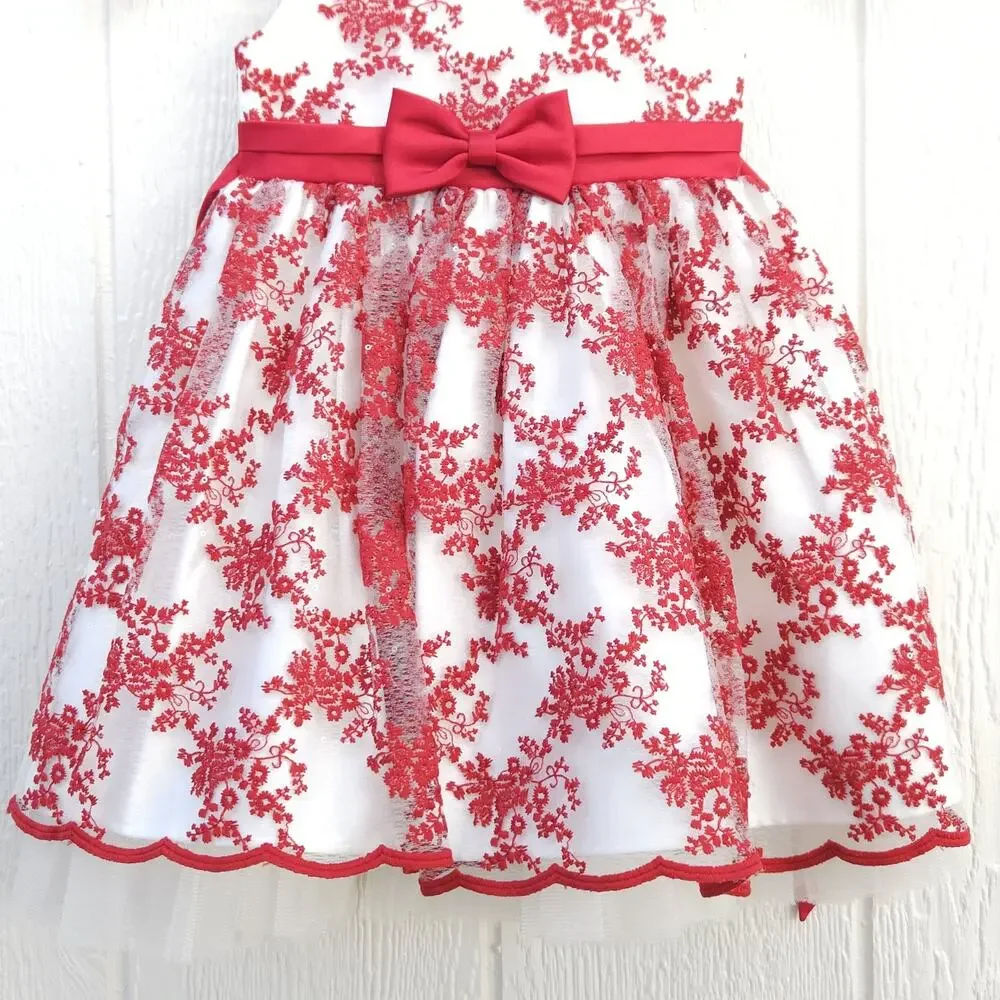 American Princess 3T Red Holiday Party Dress Floral Embroidery Tulle Formal EUC